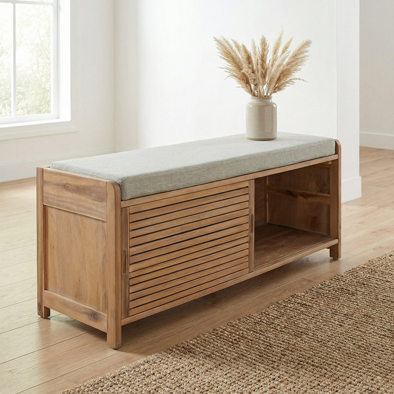Rustic Entryway Storage Bench With Cushion - Shutter Door Organizer For Shoes And Accessories, Brown