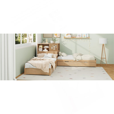 L-Shaped Combination Twin Bed Frame With Trundle And Drawer,3-In-1 Low Corner Platform Bed Linked With Built-In Desk And Led Downlight