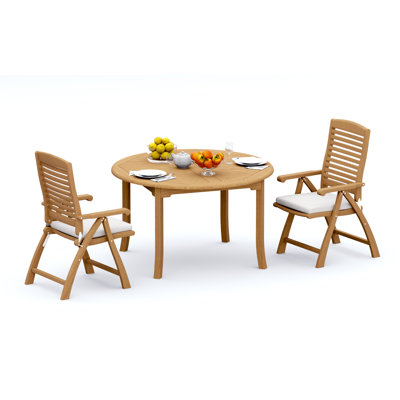 Ensemble de salle à manger en bois de teck de qualité Grade A: table ronde avec accoudoirs inclinables et pliables Ashely # 11AS1103