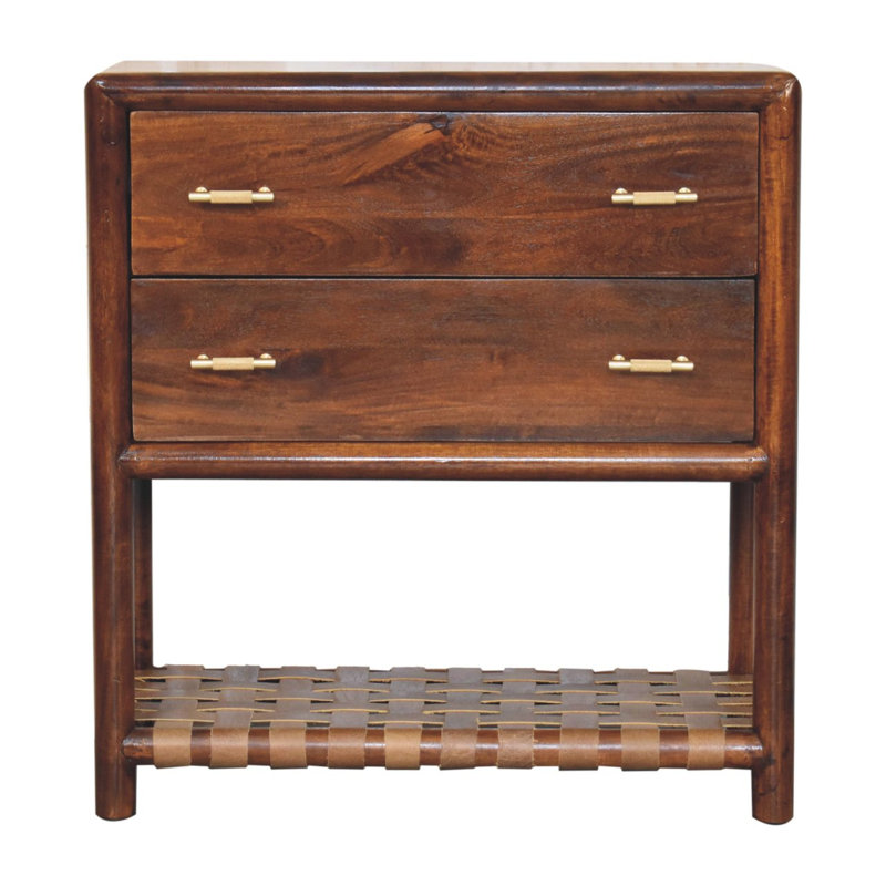 Table de chevet 32 po à deux tiroirs en bois massif brun avec tablette en cuir