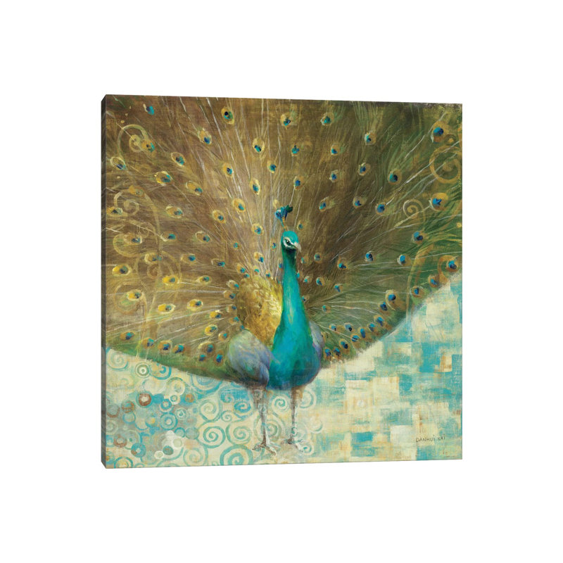 Teal Peacock On Gold by Danhui Nai - Painting on Canvas, Wrapped Canvas, 30.48 cm H x 30.48 cm W