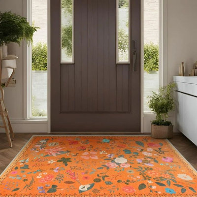 Groner Large Flower Living Room Rug Washable Bedroom Rug Non-Slip Colorful Vintage Accent Floor Carpet For Home Decor