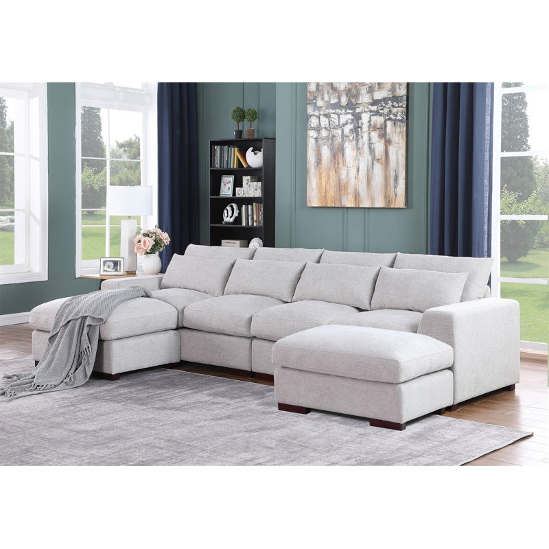 Canapé modulaire avec 2 repose-pieds Tatman, Lin gris pâle
