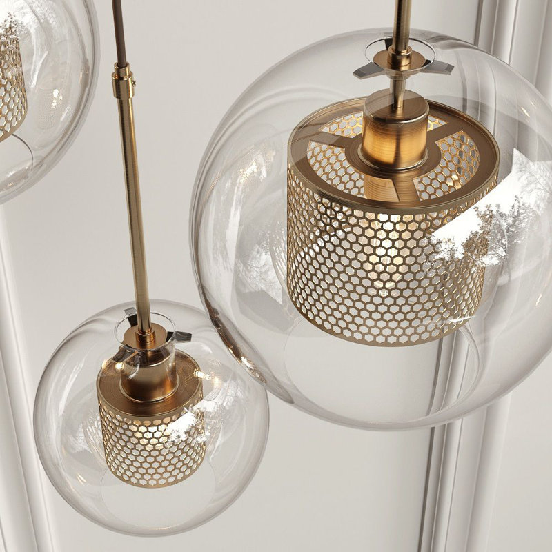 Modern Minimalist Ceiling Pendant Light – Mesh Metal Globe with Glass Lantern Shade, E27 Bulb
