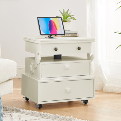 Table de bout roulante à hauteur ajustable laquée ultrabrillante avec station de charge et roues universelles avec freins, table à plateau relevable multifonctionnelle avec tiroirs de rangement pour la chambre à coucher du salon