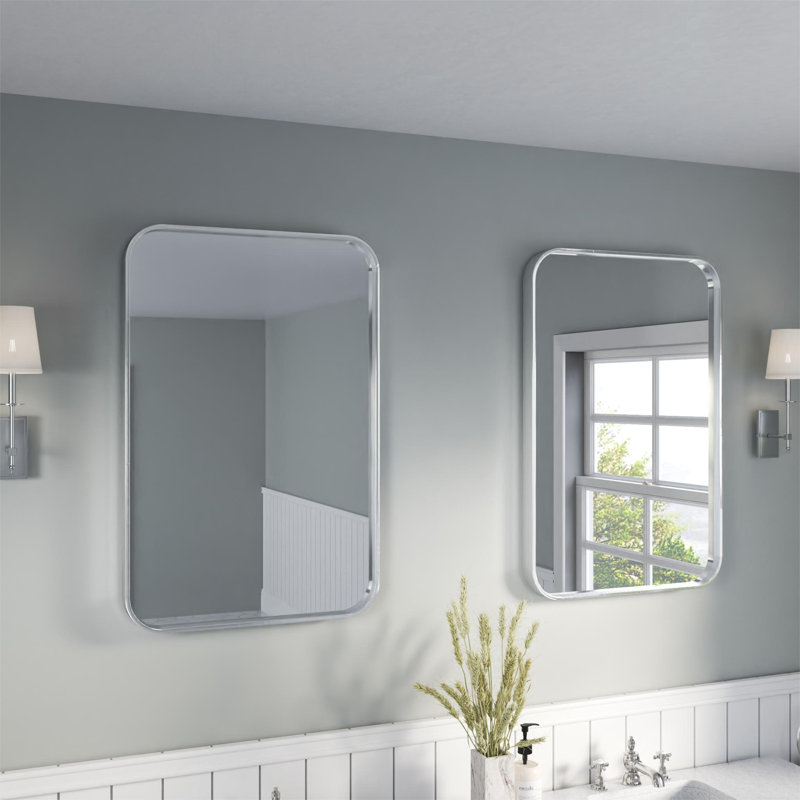 Élégant miroir encadré en aluminium avec coin arrondi pour une décoration intérieure élégante, Argent argent, 24 po x 36 po