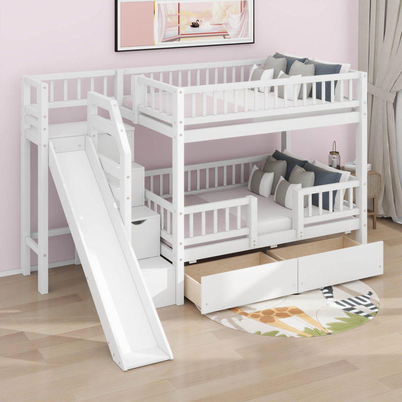 Lit superposé simple au-dessus de simple avec escalier et glissières de rangement en bois massif avec tiroirs de rangement