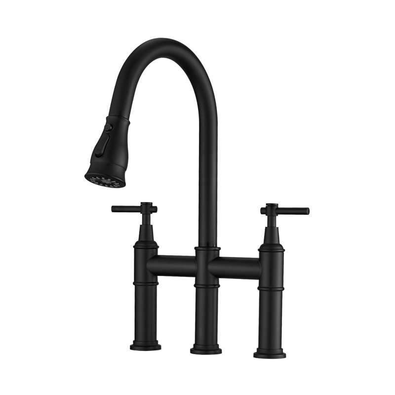 Bridge Kitchen Faucet With Pull-Down, Black Finish, 3 Holes 2 Handles, Stainless Steel, Ceramic Filler, Modern Sink Hole Handle, Classic Style Design