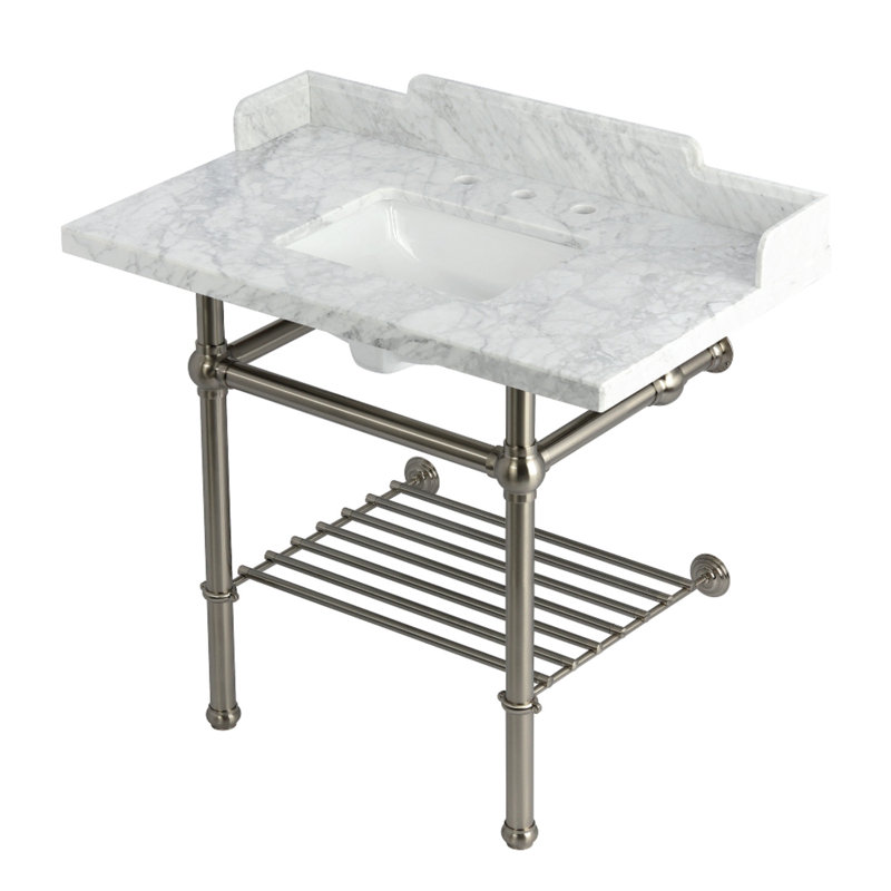 Kingston Brass Pemberton 36-Inch Carrara Marble Console Sink with Brass Legs and Shelf (8-Inch, 3-Hole)