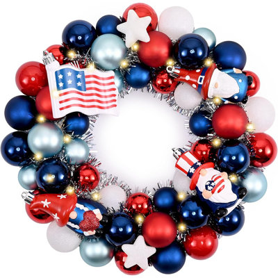 4th Of July Ball Wreath For Front Door With Lights, Red White Blue Patriotic Gnome Wreath Memorial Day Decorations With Ball Ornaments For Usa 250th Anniversary Summer, 13"
