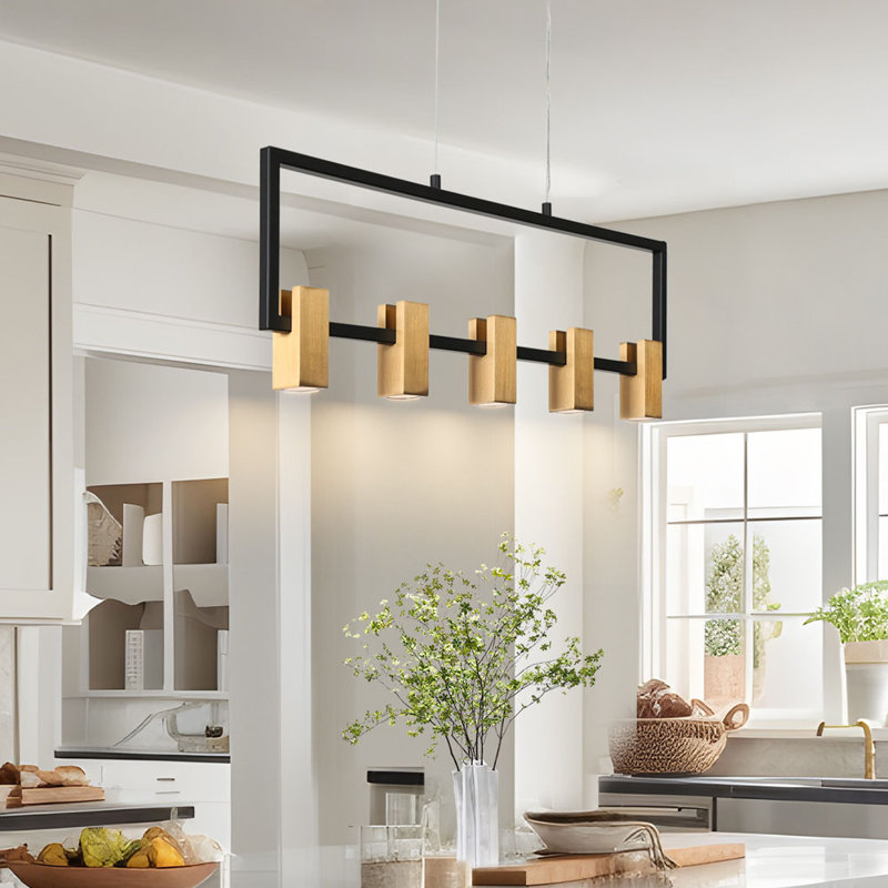 Kissey 5-Light Black & Gold LED Linear Pendant Light with Rectangle Design for Kitchen Island