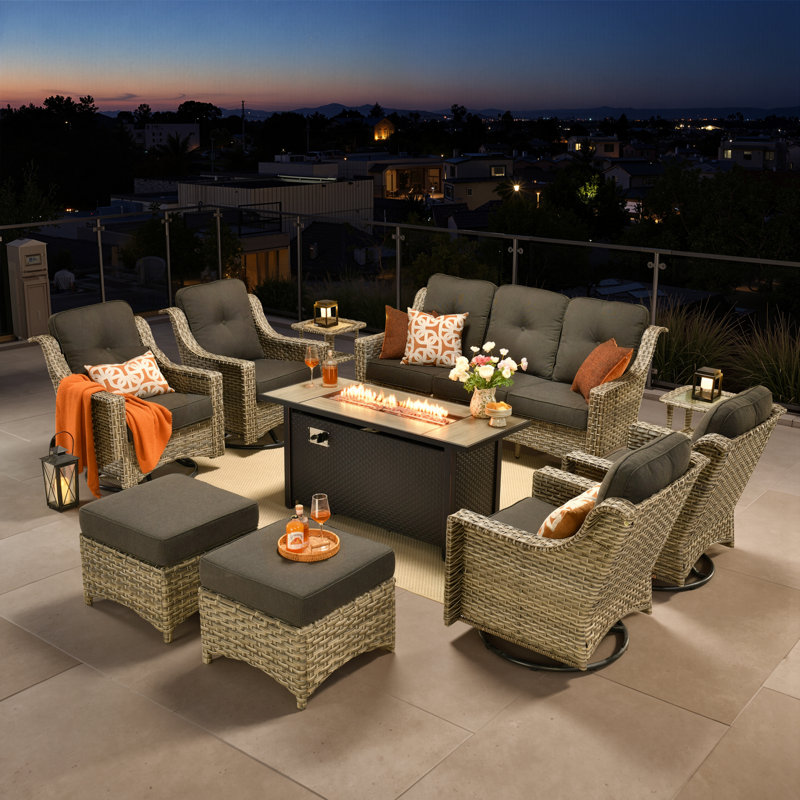 10-Piece Wicker Patio Conversation Set with Swivel Rocking Chairs and 50,000 BTU Fire Pit Table, Black