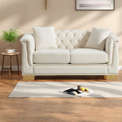 Élégants canapés en velours, accoudoirs roulés Chesterfield de 62 pouces, beige pour le salon