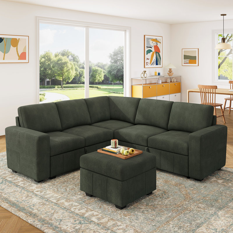 Abramson Corduroy Sleeper Sectional Sofa Bed With Ottoman, Green Corduroy