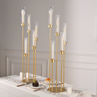2 candélabres de plancher dorés, 5 bougeoirs de sol avec abat-jour en acrylique pour table de mariage