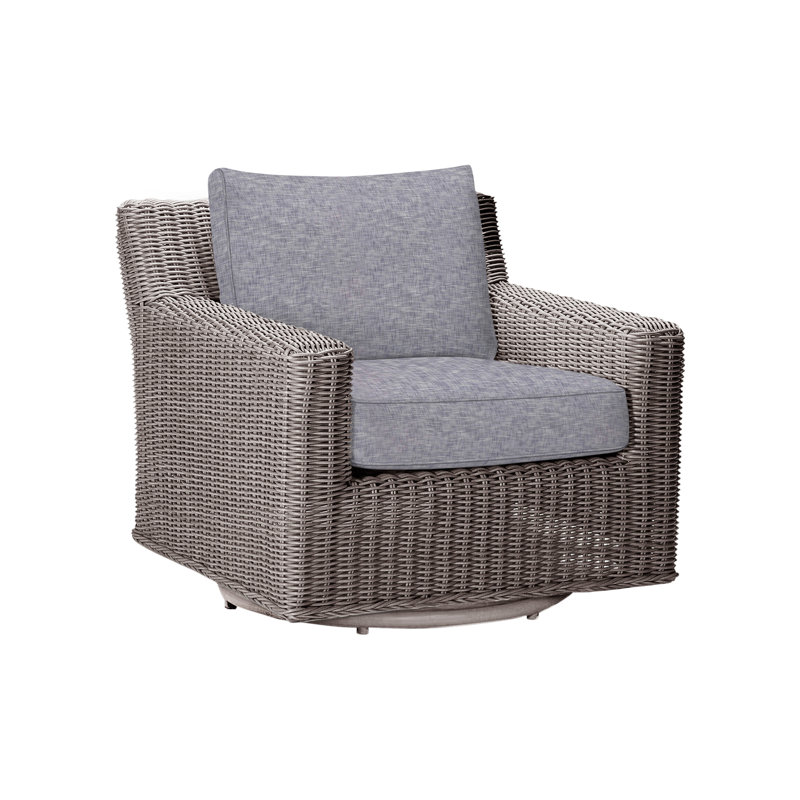 Rustic Swivel Patio Chair with Cushions, Rollo Chambray InsideOut® Linen, Oyster, Welt