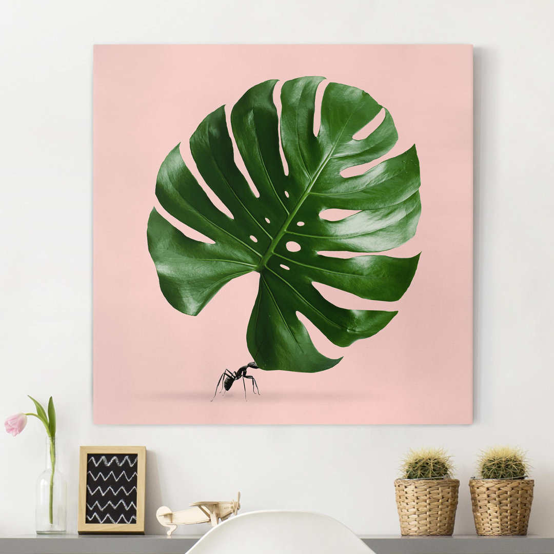 Leinwandbild Ameise mit Monstera Blatt von Jonas Loose