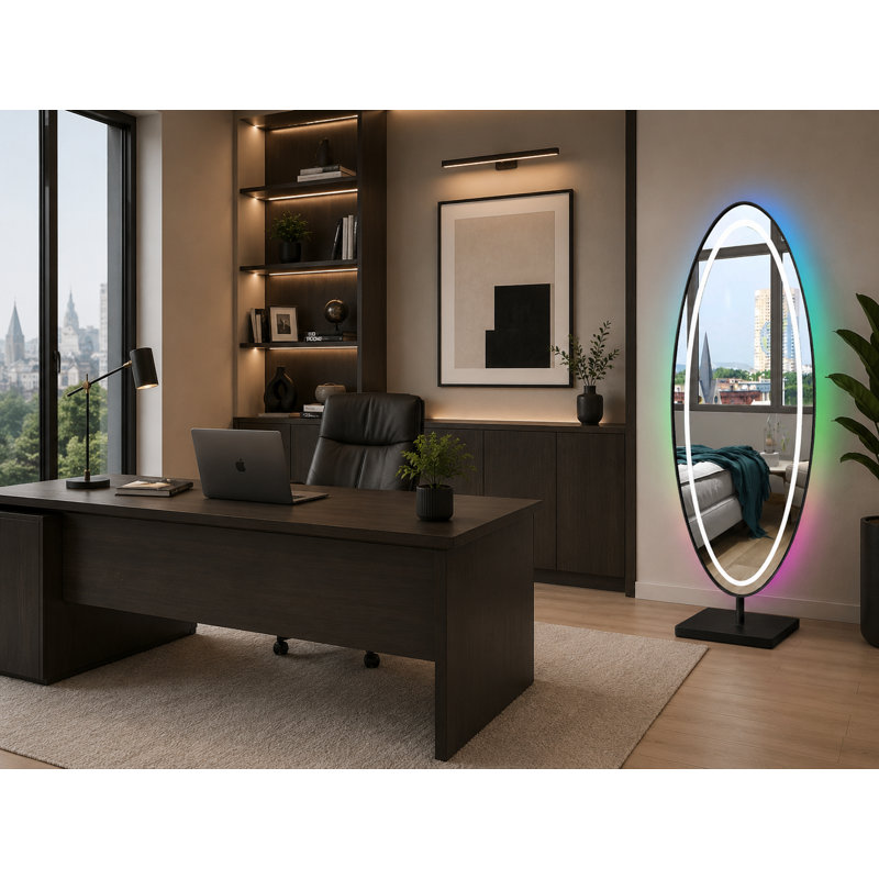 Miroir de plancher à DEL pleine longueur de 70,8 po x 31,4 po Illuminaire avec haut-parleur Bluetooth, support pivotant et rétroéclairage noir