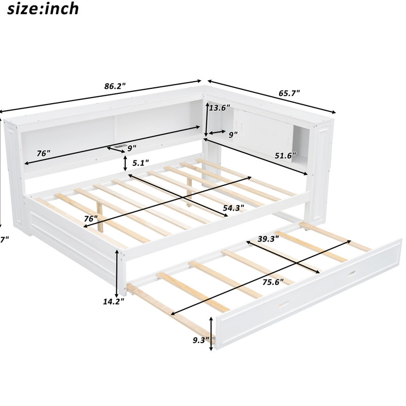 Lit de jour avec rangement, et DEL en blanc pleine grandeur - Offre une option de couchage pratique, gigogne, taille, moderne