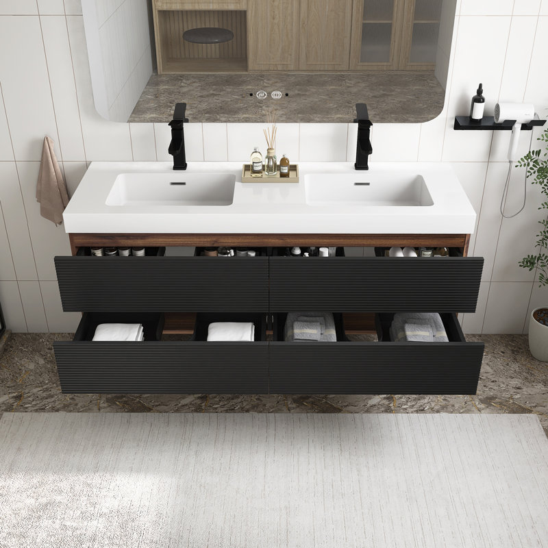 Meuble-lavabo moderne en noyer de 60 po avec lavabo monobloc blanc brillant et tiroirs noirs, meuble-lavabo mural flottant