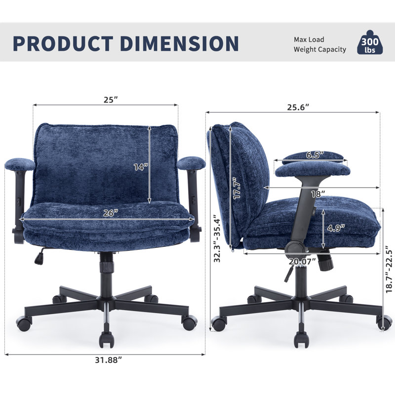 26in W Teddy Velvet Home Office Chair,350LBS Crosslegged Desk Chair with Lumbar Support&Adjustable Armrests, Navy Blue