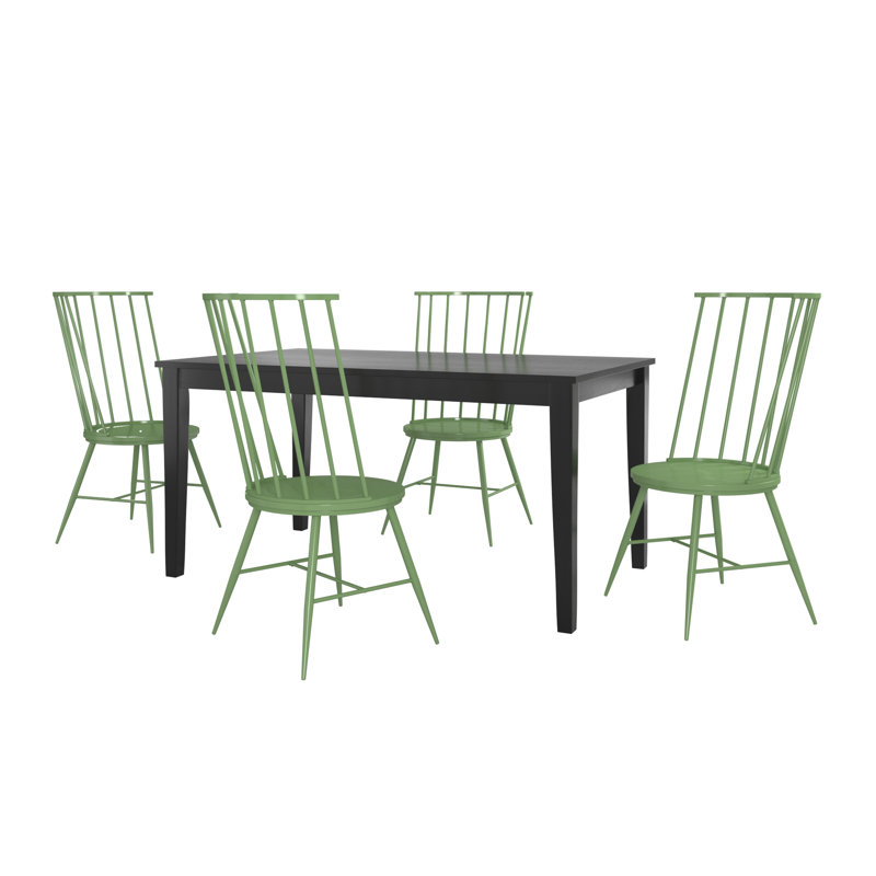 Blum 60" Black Finish Dining Set - 5-Piece, Black Dining Table And High Back Windsor Dining Chairs, Meadow Green