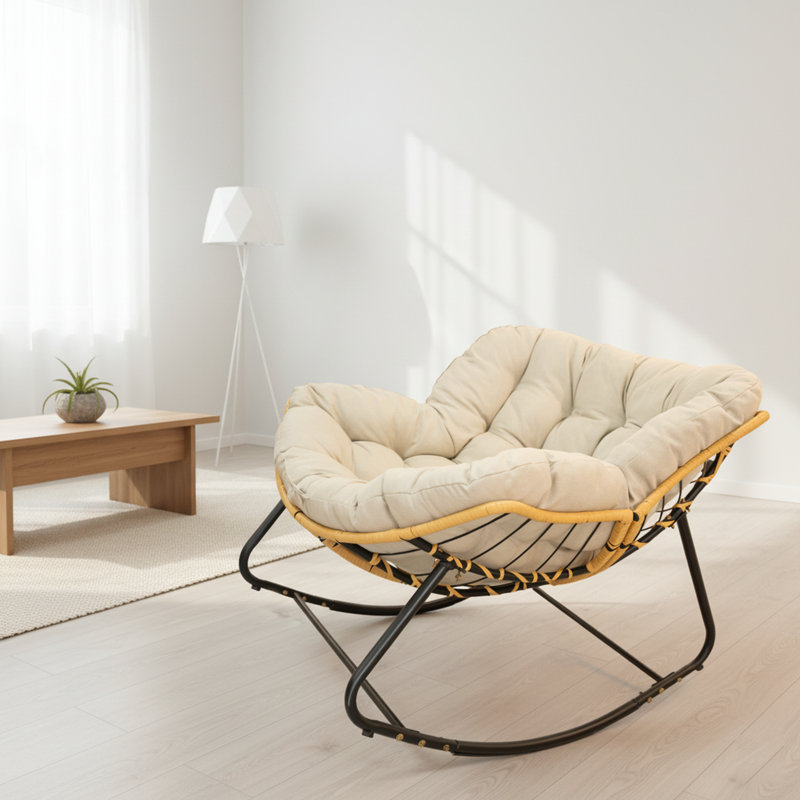  Chaise berçante d'extérieur moderne beige et noire - Oeufs en rotin pour patio, porche, salon ou chambre à coucher