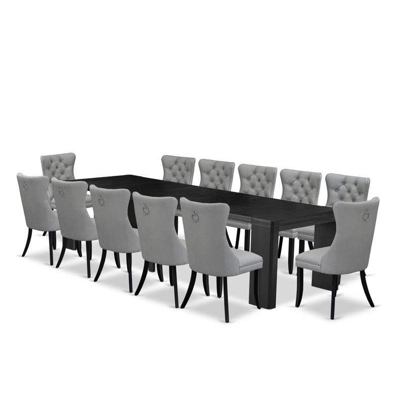Ensemble de table de salle à manger de 13 pièces comprenant une table de salle à manger rectangulaire moderne Xtenczar et 12 chaises style Mid-Century en tissu de polyester gris clair, finition noire brossée.