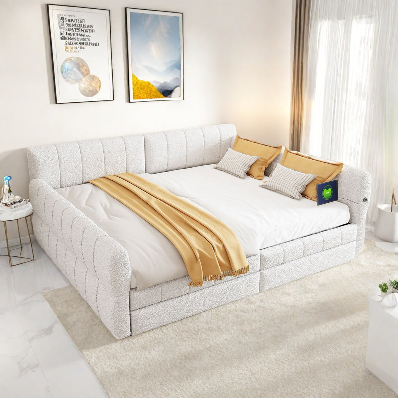 Elegant Upholstered Platform Bed With Usb Ports And 2 Drawers, White