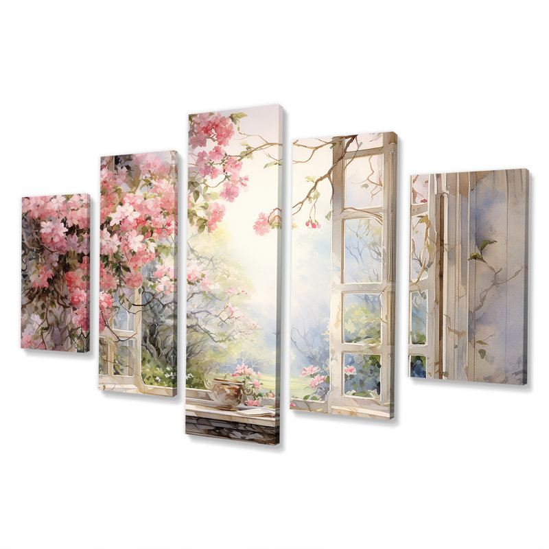 «Pink Blossoming Country Window Gaze I», art mural à multiples panneaux