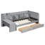 Lit de jour simple rembourré avec tiroirs, tablettes, armoires rabattables et table d'appoint