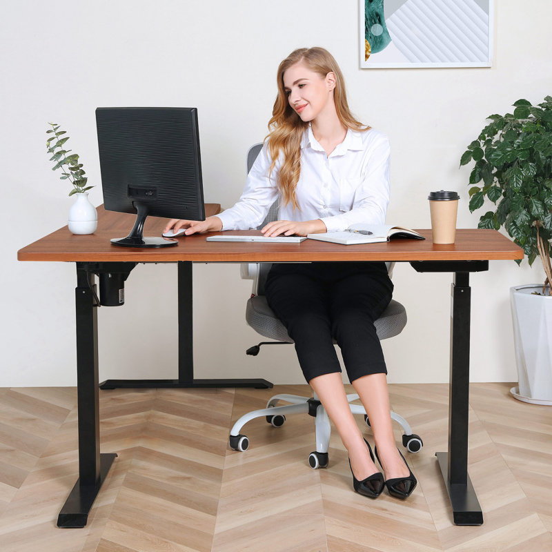 Height Adjustable L-Shape Standing Desk, Walnut/Black