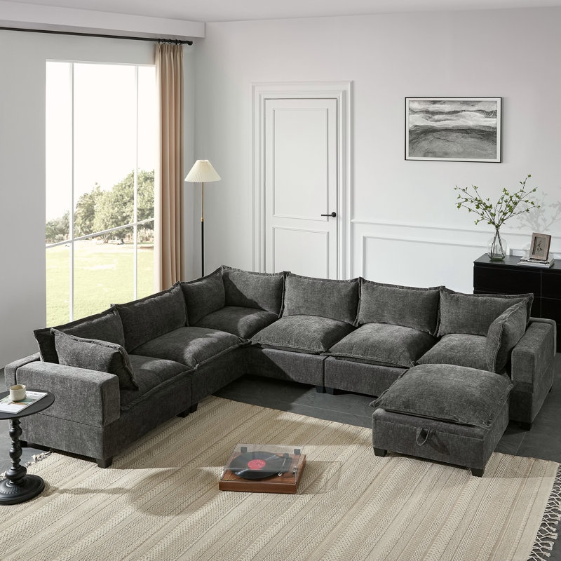Canapé modulaire de 118 po avec repose-pieds de rangement mobile, canapé 7 places en forme de U, siège large et combinaison libre, canapé surdimensionné en chenille pour le salon et l’appartement, 2 couleurs