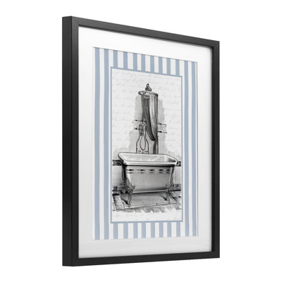 Antique Bath Blue Stripes Framed Print Under Glass, design by Lettered and Lined