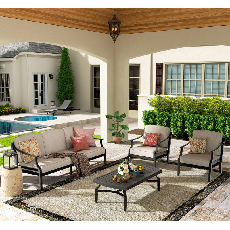 Tamarin 4 Pieces Outdoor/Indoor Aluminum Patio Conversation Seating Group With Sunbrella® Cushions And Coffee Table For 5 Person