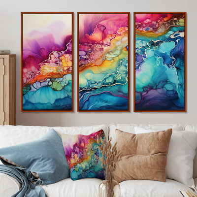 Rainbow Teal And Purple Alchohol Ink I - Abstract Shapes Canvas Art Set