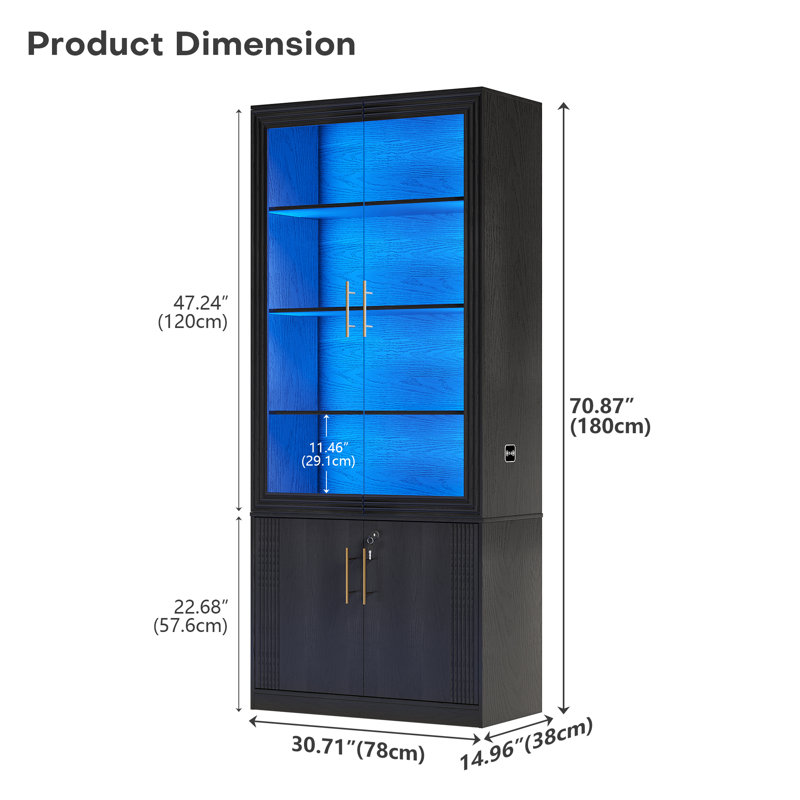 Modern Tall Display Cabinet With Tempered Glass Doors, Three-color Led Lighting & Human Body Motion Sensor - Filing/office Storage Cabinet