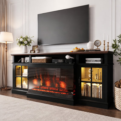 70" Farmhouse TV Stand with 36" Electric Fireplace, Dynamic LED Lights, Glass Cabinet & Ample Storage