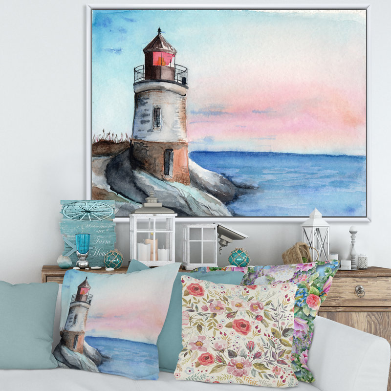 Un phare sur un rivage en début de matinée - peinture sur toile, H 16 po x l 32 po x p 1 po, Toile blanche encadrée