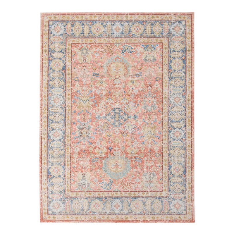 Tapis floral bleu et corail 4 pi x 6 pi