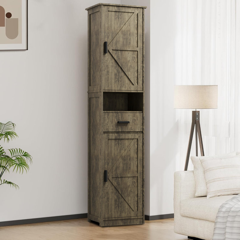 Armoire de rangement étroite de style ferme avec portes et tiroir pour salle de bain, cuisine ou entrée, Gris