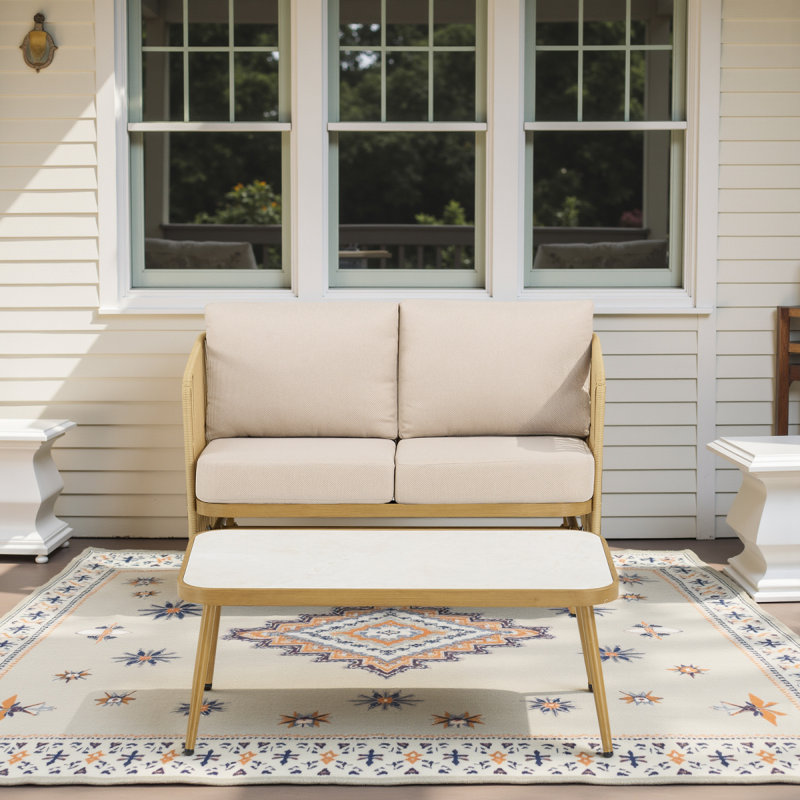 2-Person All-Weather PE Rattan Glider Loveseat With Coffee Table, Outdoor Patio Sofa Set With Beige Cushions (Weather-Resistant)