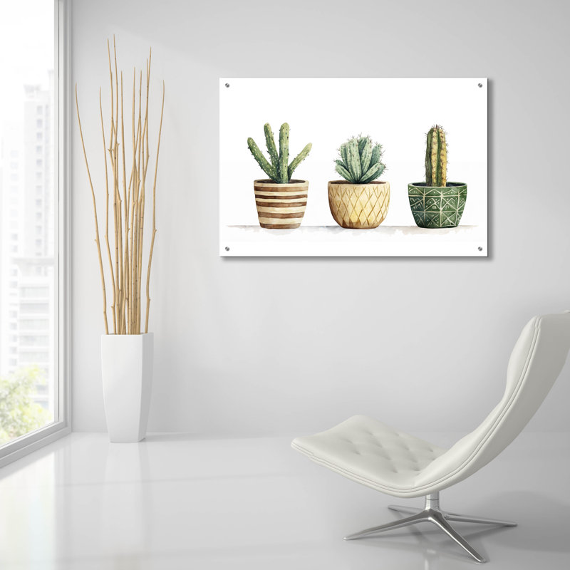Art mural en verre épique «Cacti in Pots» par Svetlana Aleynikova, H 24 po x l 36 po