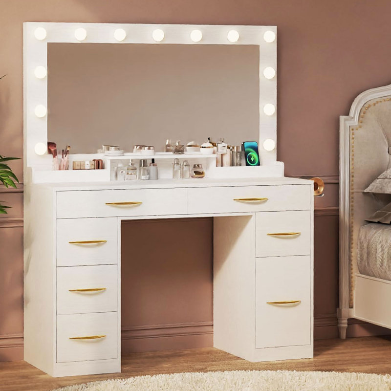Large Size Makeup Vanity With Lights, Built-in Outlet, 7 Drawers, White