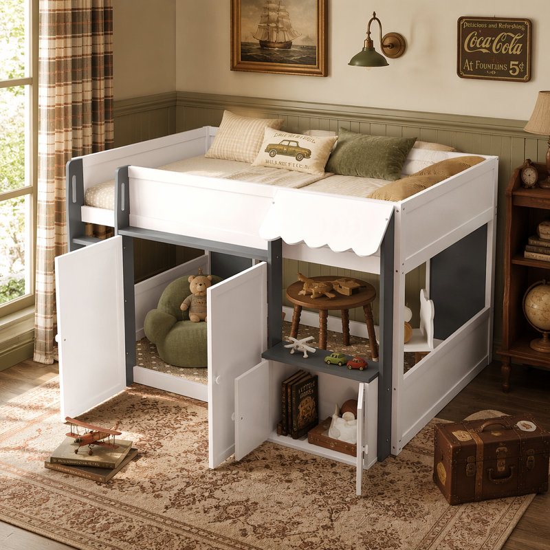 Lit mezzanine double avec maisonnette et rangement, lit en bois moderne pour enfants / adolescents, blanc et gris