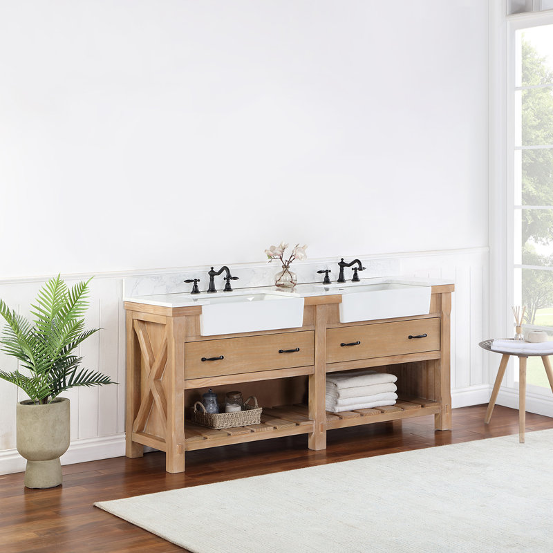 Ensemble de meuble-lavabo double 72 po Villareal, Pin patiné