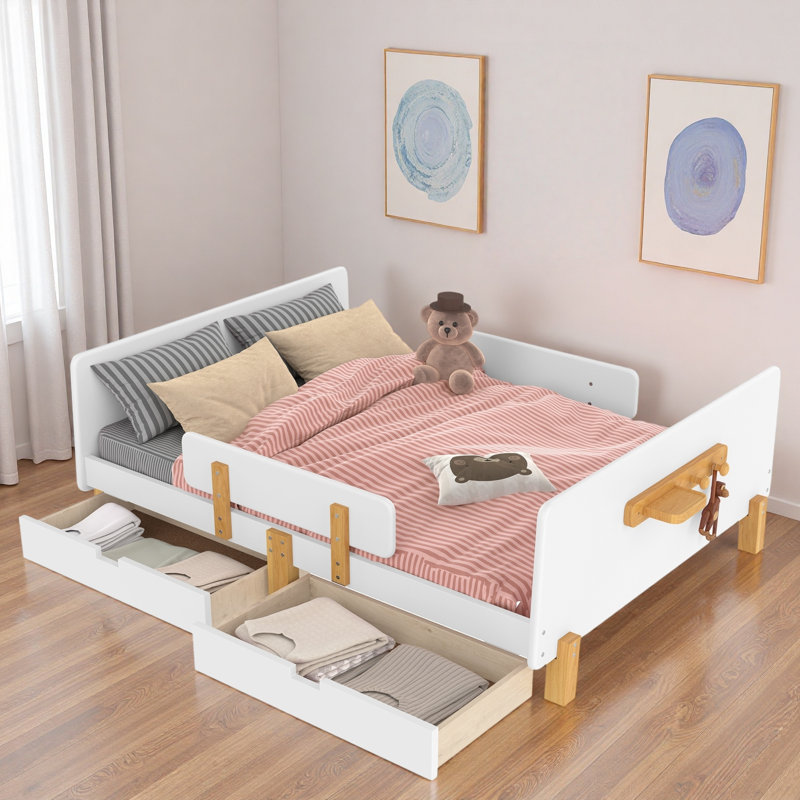 Lit plateforme avec tiroirs de rangement, garde-corps, petite tablette et crochets, Blanc clair, Lit double