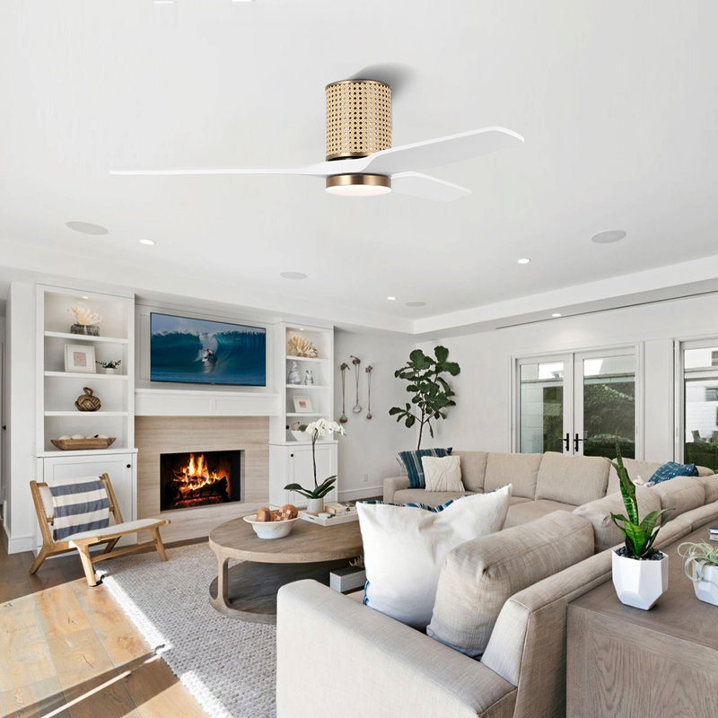 52 In. 3 Solid Wood Blades Flush Mount Ceiling Fan With Led Light, White, Gold/Natural