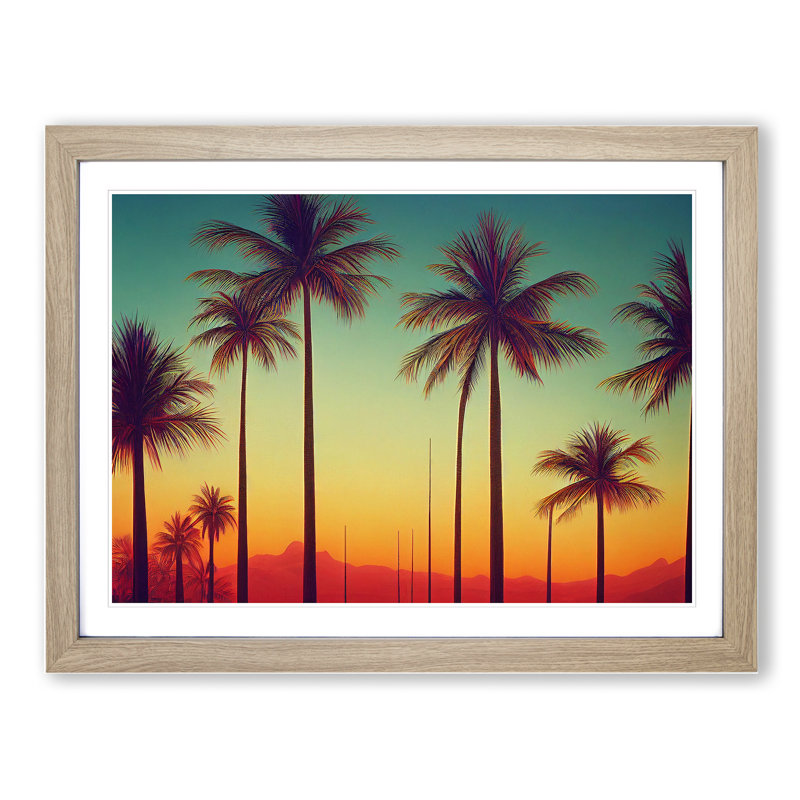 Bewitching Palm Tree Sunset - Single Picture Frame Print, 46cm H x 64cm W x 2cm D, Oak Framed