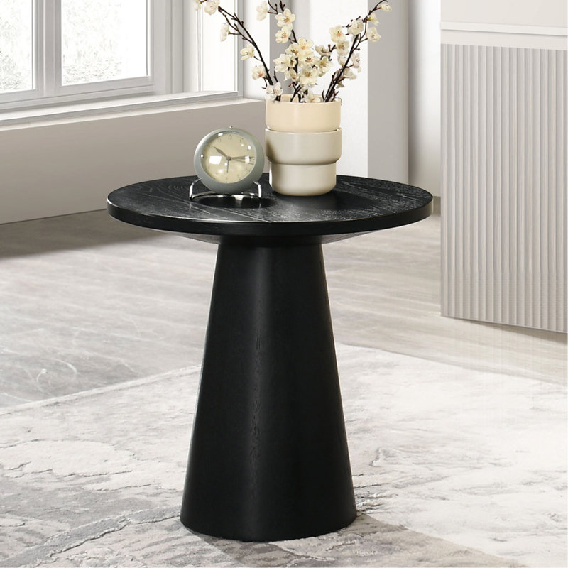 Table de bout ronde de style contemporain, base en piédestal conique, bois d'hévéa noir et bois d'ingénierie, 20 pouces de diamètre, 21 pouces de hauteur, un produit